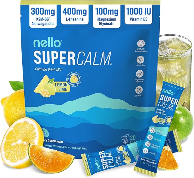 Nello Supercalm Powdered Drink Mix, Cortisol Reducer* and Sleep Aid Supplement, L Theanine, Ksm-66 Ashwagandha, Magnesium Glycinate, Vitamin D 3, No Sugar, Non GMO, On The Go, 20 Ct, Lemon Lime