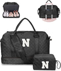 Navy Duffel Bag - Personalized Initial, Weekender, Overnight, Travel Bag with Shoe Compartment & Makeup Bag, Size 12x7x2 inches