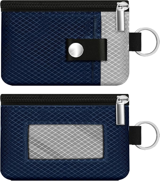 Minimalist RFID Blocking Small Wallet with ID Window,WaterResistant Zip Id Case Wallet with Lanyard Keychain for Cards,Cash,Travel,Women,Men (Dark Blue/Light Gray)