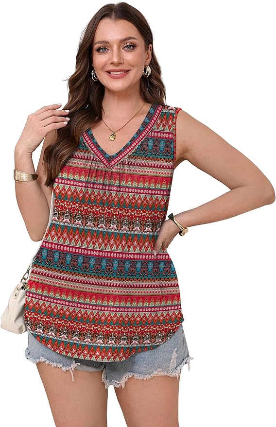 OFEEFAN Tank Top for Women Loose Fit Sleeveless Shirts V Neck Summer Clothes Ruched Women's Tees and Tanks Curved Hem