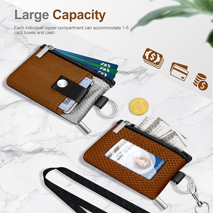 Minimalist RFID Blocking Small Wallet with ID Window,WaterResistant Zip Id Case Wallet with Lanyard Keychain for Cards,Cash,Travel,Women,Men (Brown/Light Grey)