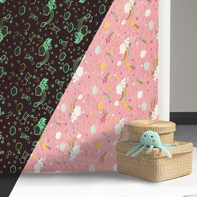 Wajade Rainbow Gifts for Girls - Glow in The Dark Rainbow Blanket Birthday Christmas Decor for Kids Age 3 4 5 6 7 8 9 10 11 12 Years Old Teens Child Toddler Throw Pink 50"x60"