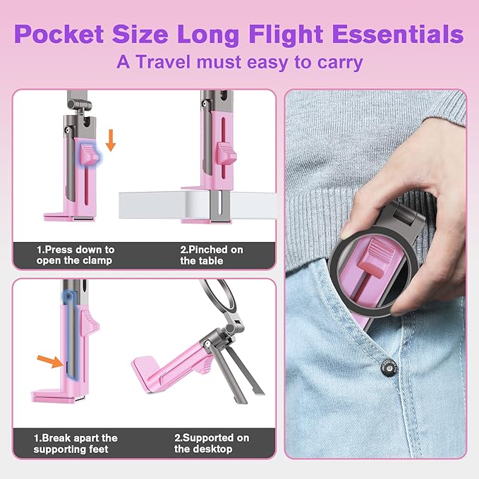 Valentine's Day Gift for Her Airplane Phone Holder Travel Essentials for Women,Magnetic Phone Holder for MagSafe,N55 Strong Magnet,360°Swivel Portable Cruise Airplane Gadgets for iPhone 17 Pink