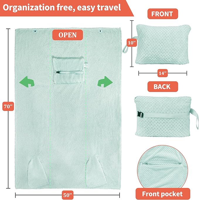 Tirrinia Travel Blanket Compact with Bag, Soft Lightweight Wearable Blanket with Foot Pockets, Airplane Travel Essential Gift