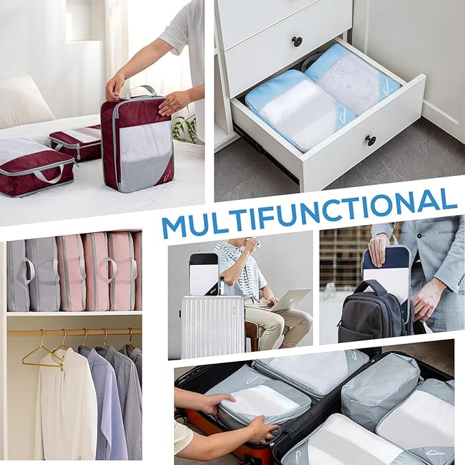 Compression Packing Cubes, 7 Set Packing Cubes for Travel Compression, Lightweight Compressible Package Organizer for Carry On and Suitcases, Wine