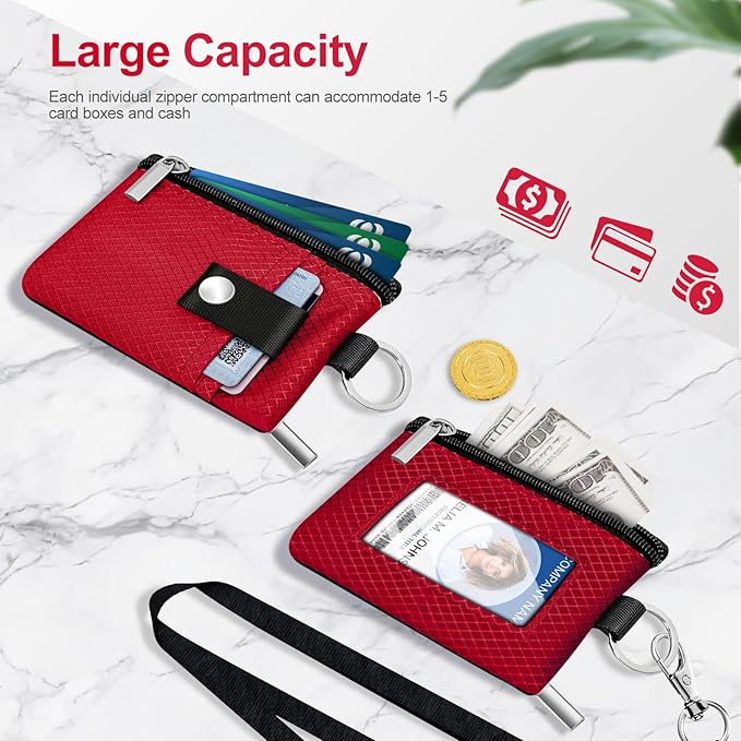Minimalist RFID Blocking Small Wallet with ID Window,WaterResistant Zip Id Case Wallet with Lanyard Keychain for Cards,Cash,Travel,Women,Men (Red)