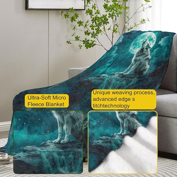 Wolf Blanket, Wolf Howling Flannel Throw Blankets,Soft Warm Lightweight Cozy Plush Animal Moon Throws for Bedroom Sofa Office Home Decor Gifts for Adults Men Kids Girls 60"x50"
