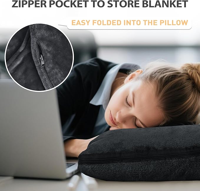 Catalonia Packable Travel Wearable Blanket Pillow with Sleeves for Adults, 2 in 1 Wearable Blanket with Pockets