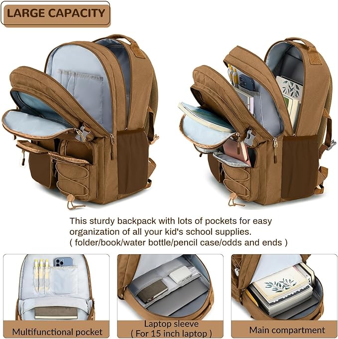 Lohol Water Resistant Backpack for School Travel College Travel, Large Bookbag with Mulitiple Pockets for Men and Women (Brown)