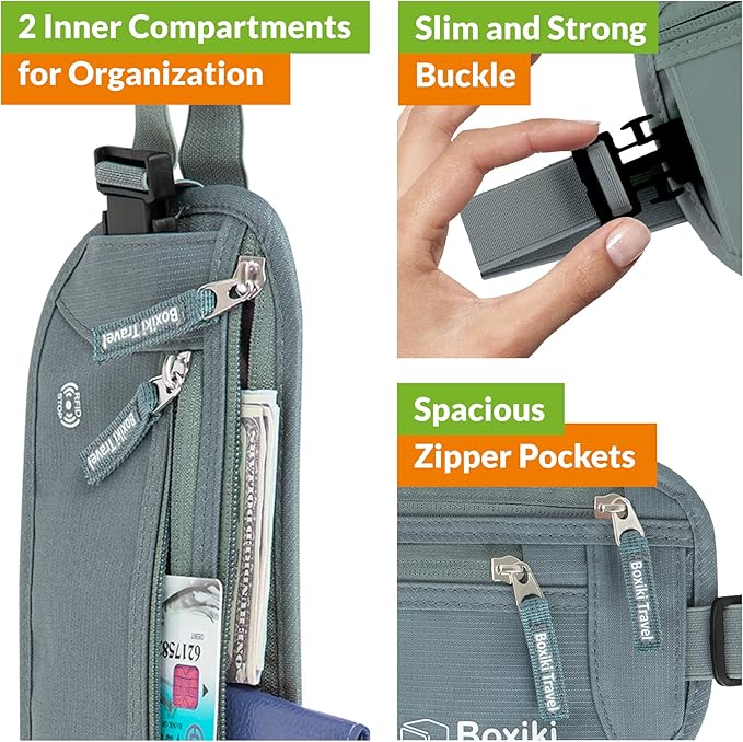 Boxiki Travel, Gray Money Belt + RFID Sleeves Set of 8 Pcs | RFID Blocking Secure Waist Bag, Credit Card Holders & Passport Holders for Men and Women | Keep Your Travel Essentials in Reach