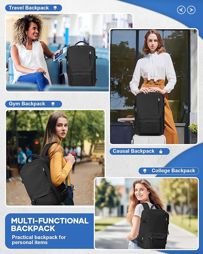 VECAVE Carry On Backpack for Women, Large Travel Backpack Flight Approved, Waterproof 14 Inch Laptop Backpack Business Work Backpacks Men Mochila De Viaje, Black