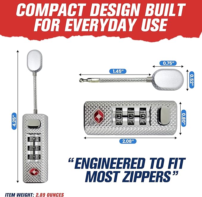 TSA Approved 3-Digit Combination Luggage Lock – Heavy Duty Alloy Body Zipper Lock for Travel, Suitcase, Backpack & Gun Case - Silver