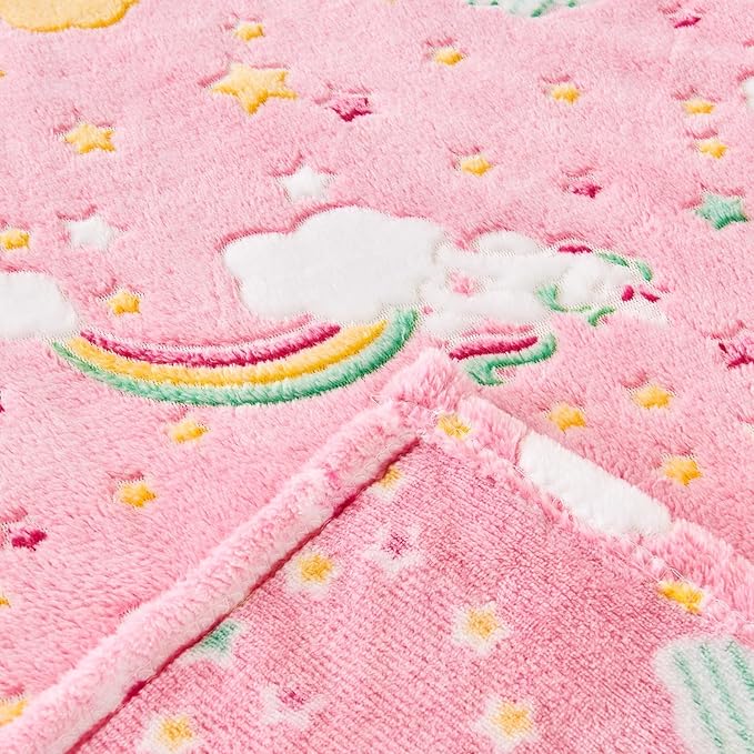 Wajade Rainbow Gifts for Girls - Glow in The Dark Rainbow Blanket Birthday Christmas Decor for Kids Age 3 4 5 6 7 8 9 10 11 12 Years Old Teens Child Toddler Throw Pink 50"x60"
