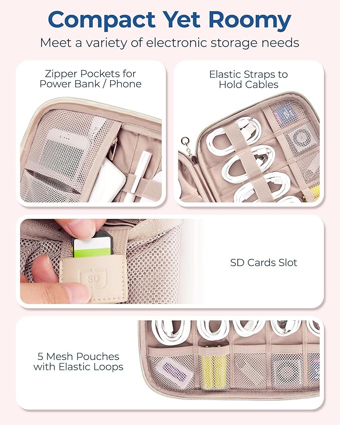 BAGSMART Electronics Organizer Travel Case, Cable SD Card Phone Accessories Organizer Bag for Women Travel Essentials, Warm Grey