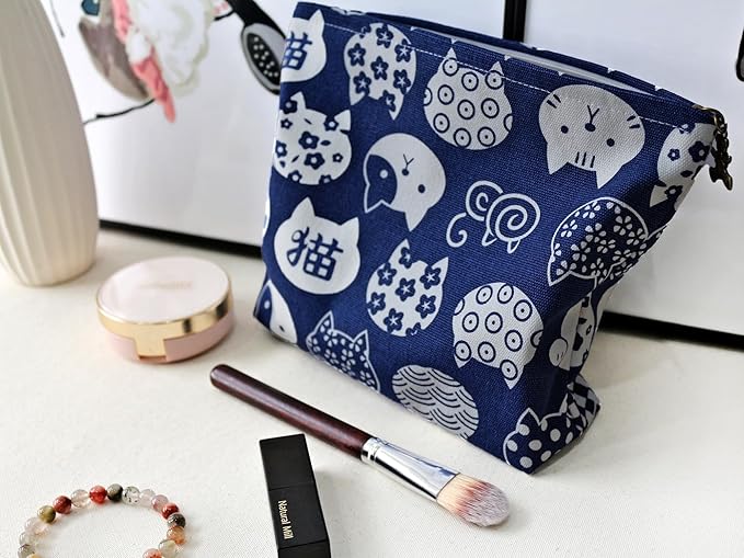 HAPPYHEIDI Canvas Makeup Bag, Cosmetic Travel Pouch, Kawaii Blue Cats, Cotton Blend, Animal Print, Zipper Closure, 7.1x2.4x7 Inches