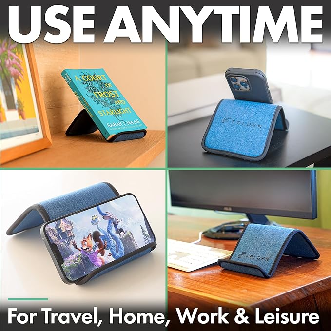 Flight Flap Airplane Phone Holder, Flexible Cell Phone Holder, Folding Cellphone Stand for Desk, Bed, Office, Treadmill - Airplane Gadgets for Long Travel Accessories - Plane Essentials (Blue Denim)