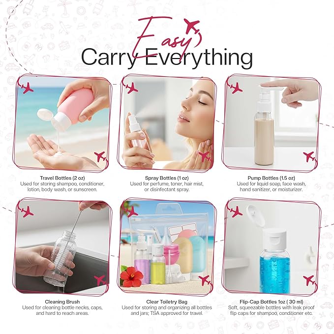 16 Pack Travel Bottles - Travel Essentials for Toiletries - TSA Approved Size - Empty Plastic Bottles with Sticker Sheet, Funnels, Spray Bottle & Carry Bag - For Shampoo, Lotion, Oil & Sanitizer