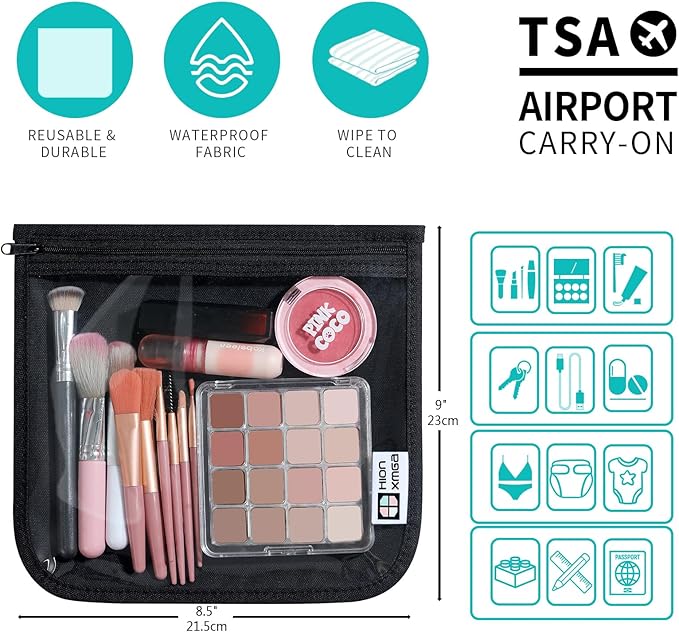 HIONXMGA TSA Approved Toiletry Bag, Set of 3 Clear Travel Toiletry Bag Quart Size Zipper Travel Pouch, Waterproof Makeup Cosmetic Bag for Women Men Kids Toiletries Carry on, Black Large