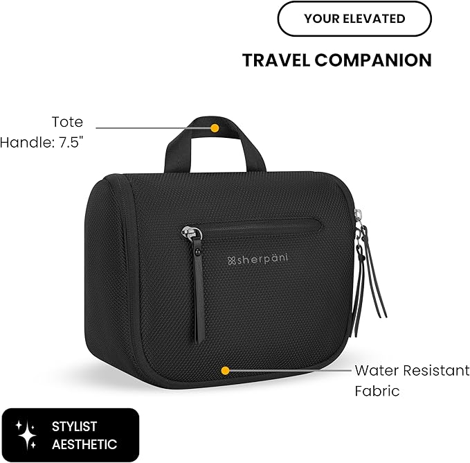 Sherpani Co-Pilot, Travel Toiletry Bag, Hanging Cosmetic Organizer, Water Resistant Makeup Bag, Shower Dopp Kit, Essentials Toiletries for Women, Travel Gift (Carbon Signature)