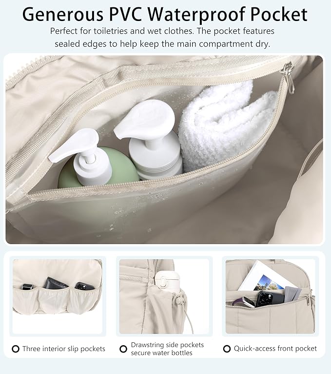 Lightweight Travel Duffle Bag for Women, Quilted Puffy Weekender with Wet Pocket for Gym, Overnight, Personal Item Carry On, Beige