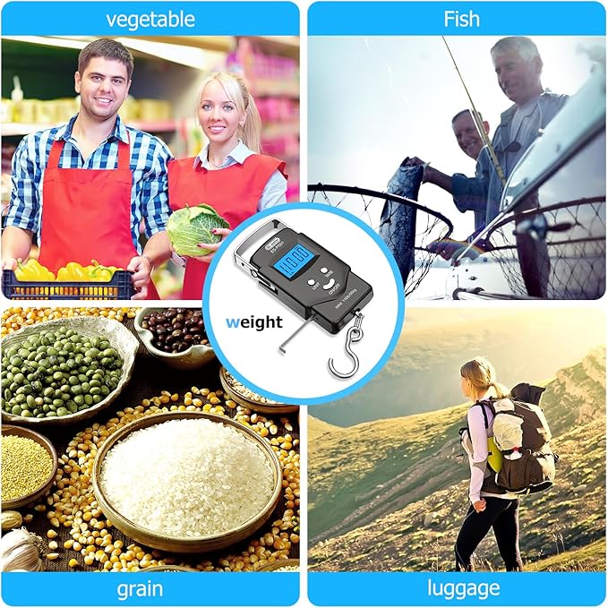 Dr.meter Fish Scale Luggage Scale Fishing Gear - 110lb Backlit LCD Display Digital Scale with Built-in Measuring Tape - Fishing Scale with 2 AAA Batteries, Pocket Size - Fishing Gifts for Men