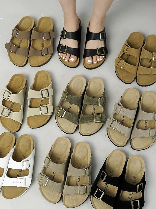 Project Cloud 100% Genuine Leather Flat Sandals For Women 2026 Cork Footbed Womens Sandals with Memory Foam and arch support Vacation Essentials Slides for Women Footwear (Venita)