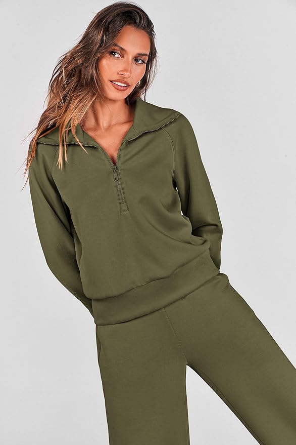 PRETTYGARDEN Women's 2 Piece Outfits Casual Lapel Half Zip Sweatshirts and Wide Leg Pants Tracksuit Sets