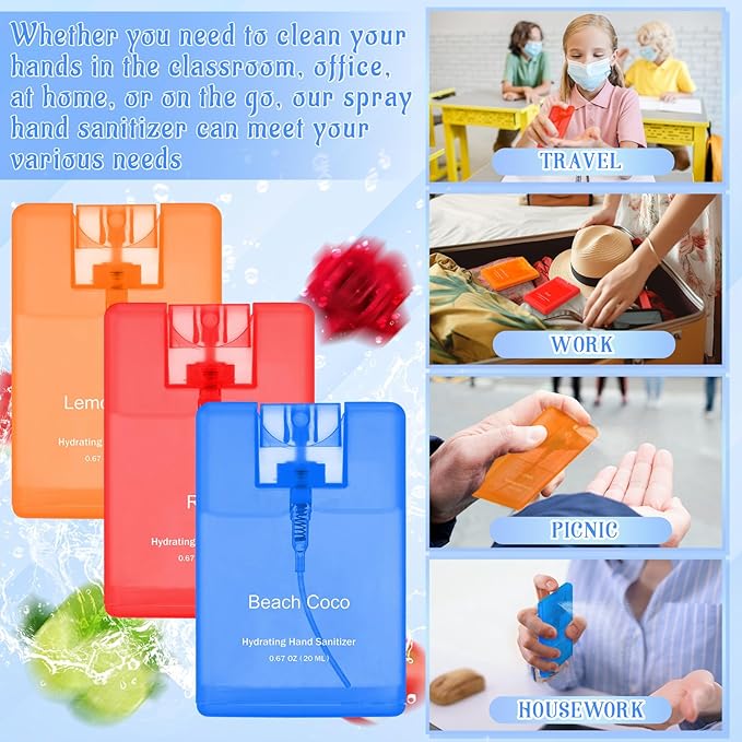 Set of 3 Power Mist Hydrating Hand Sanitizer Spray Bulk Travel Size Refreshing Hand Sanitizer 0.67 Fl. oz Compact Card Spray Bottle Rose Beach Cocoa Lemon Lime Scent for Daily Personal Use Gift