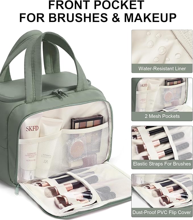 Bagstellar Travel Toiletry Bag for Women, Lightweight Large Quilted Puffy Makeup Bag Wide-open Make up Organizer Cloud Cosmetic Bag w/Handle for Traveling Toiletries Essentials Accessories Sage Green