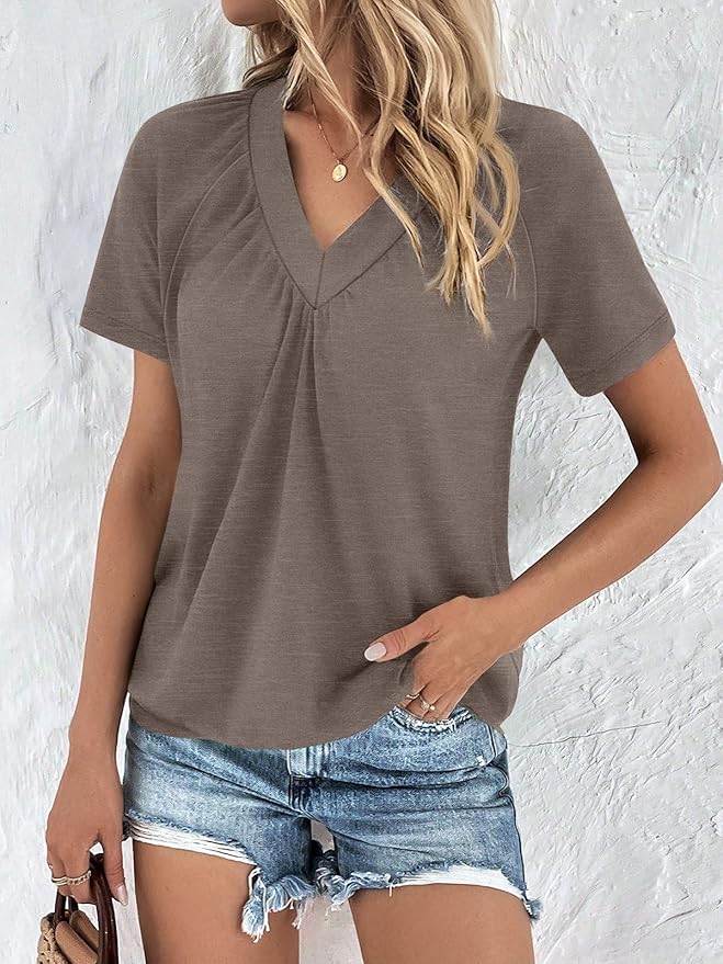 AUTOMET Womens Tops Short Sleeve V Neck T Shirts 2026 Summer Spring Beach Vacation Clothes Casual Loose Ruched Top