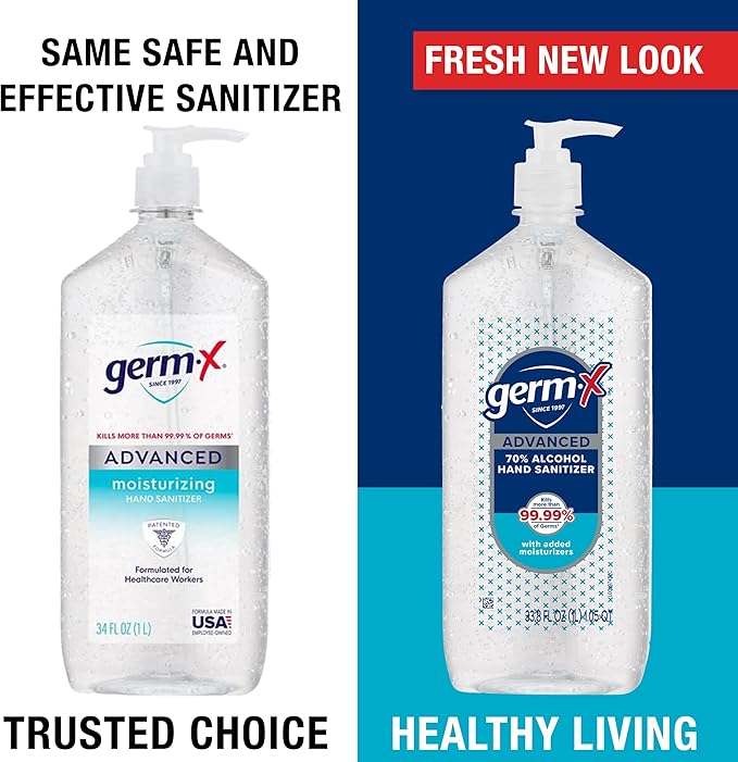 Germ-X Advanced Hand Sanitizer, Less Drying Moisturizing Clear Gel, No Rinse Formula, Large Family Size Pump Bottle, 34 Fl Oz (1 Liter) (Pack of 4)