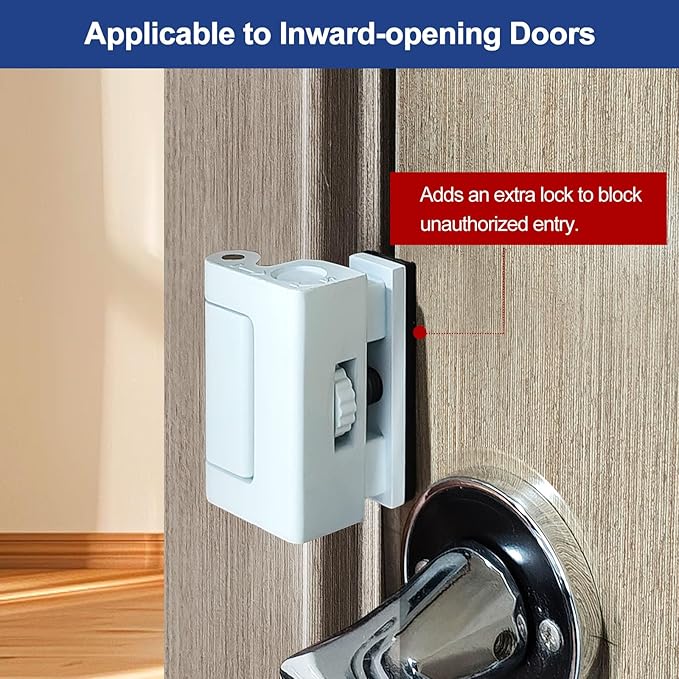 Portable Door Lock for Home/Hotel Security, Apartment Bedroom No Drill Reinforcement Lock, Extra Lock for Travel, Flip Lock (White, 1 Pack)