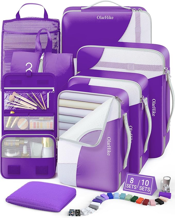 8 Set Packing Cubes for Travel, Gifts for Women Mom,Anti-Tearing Suitcase Organizer for Luggage with Shoe & Hanging Toiletry Bag,OlarHike Vacation Essentials & Accessories for Cruise Ship,Purple