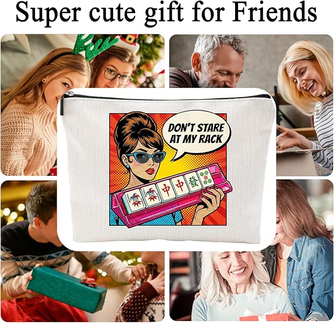 ZUYUROU Funny Mahjong Gifts for Women - Don't Stare At My Rack Makeup Bag - Retro Pop Art American Mahjong Accessories - Zipper Pouch for NMJL Card, Tiles, and Cosmetics - Unique Game Night Prize