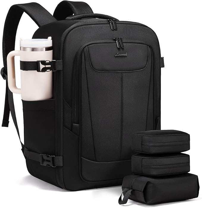 LOVEVOOK Travel Backpack for Men, 45L Carry on Backpack with 3 Packing Cubes, Extra Large Personal Item Bag Fits 17.3 inch Laptop for Weekender Business Trip, Waterproof Daypack, Black