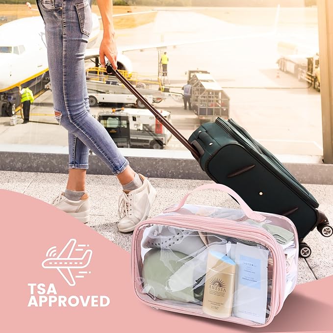 BORMELUN Large clear travel pouch,TSA approved toiletry reusable organizer with zipper proof purse makeup case carry On (Pink)