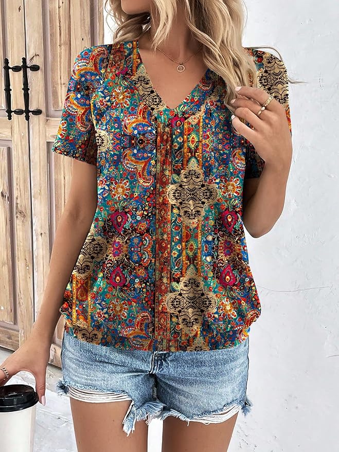 AUTOMET Womens Tops Short Sleeve V Neck T Shirts 2026 Summer Spring Beach Vacation Clothes Casual Loose Ruched Top