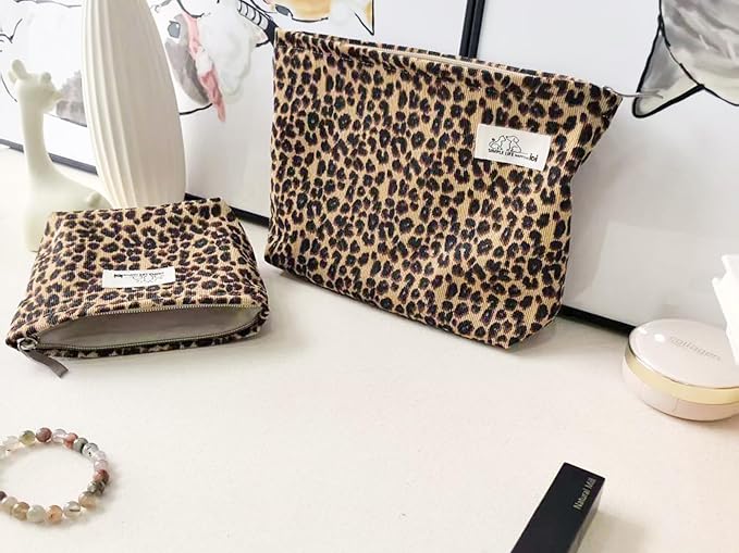HAPPYHEIDI Leopard Print Makeup Bag with Pocket Large Cosmetic Toiletry Travel Pouch, Small Accessory Organizer Bag, Soft Corduroy Fabric, Brown Cheetah, 8.5x2x6.5 Inches