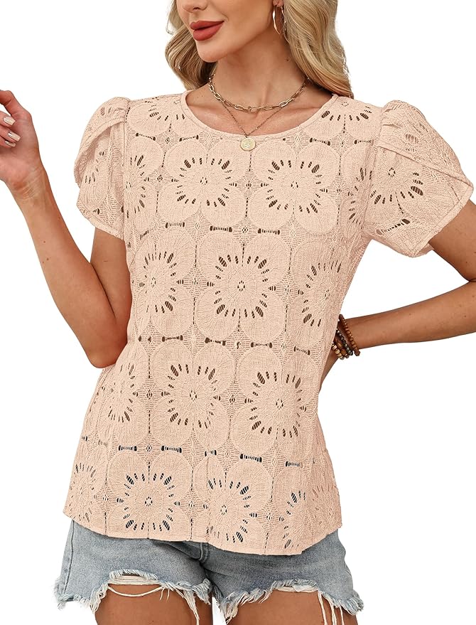 OFEEFAN Blouses for Women Dressy Casual Petal Short Sleeve Shirts Crochet Lace Boho Tops Spring Fashion Summer Outfits