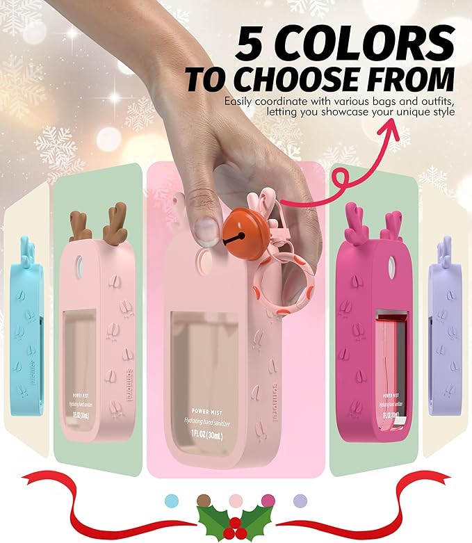 Sonnorel 2 Pack Elk Silicone Case Compatible with Touchland Hand Sanitizer Spray (Fit for 1 FL OZ/30 mL Ver), Portable keychain, Small Bell, Cute Deer Antlers (Pink,Purple)
