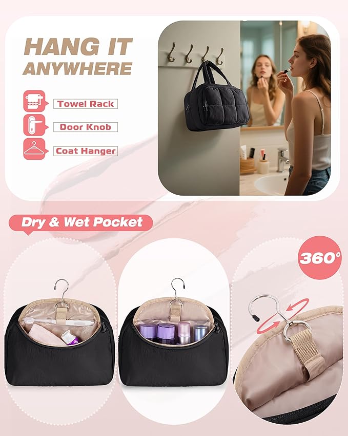 Marscamd Travel Makeup Bag for Women, Puffy Cosmetics & Toiletry Organizer with Leakproof Pockets for Travel-Size Shampoo, Conditioner, Brushes & Essentials - Medium Size, Black (Bag Only)