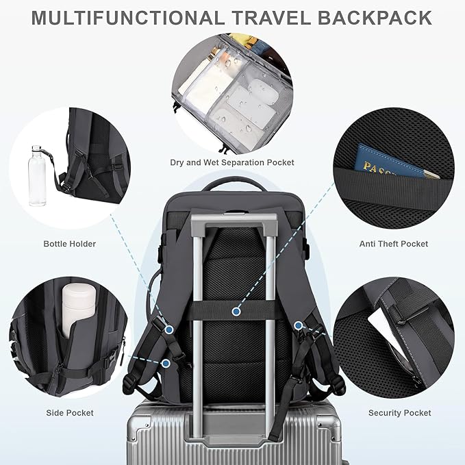 BAGOK Carry On Travel Backpack, 35L-40L Expandable Extra Large Airline Approved,Lightweight Daypack for Men and Women（Gray）