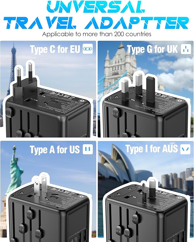 Universal Travel Adapter with 35W USB-C PD Fast Charging, 5 USB C/A Ports, 2500W AC Outlet, International Power Adapter for Europe UK Japan, Worldwide Plug Adapter for 200+ Countries Travel Essentials
