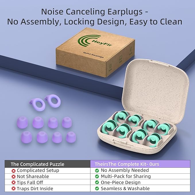 Noise Cancelling Ear Plugs for Sleep, Small Ear Fit - No-Pain for Side Sleepers, 50dB NRR Reusable Silicone One-Piece Design, 4 Sizes for Adults & Kids, Portable Case