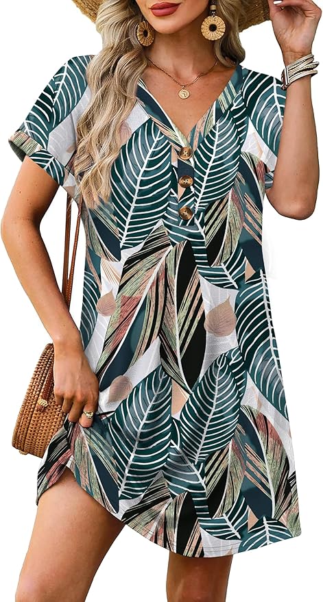 WIHOLL Summer Dresses for Women with Sleeves Midi Dress Button Down Beach Vacation Casual Dresses Fashion Clothing