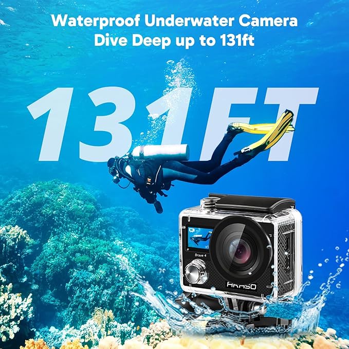 AKASO Brave 4 Action Camera with Selfie Stick Tripod and Carrying Case Bundle - 4K30 20MP Ultra Hd EIS 131ft Underwater Camera 5xZoom Dual Screen with Helmet and Bicycle Accessories Kit