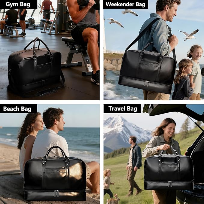 Large 4-in-1 Leather Duffle Bag for Travel Weekender Overnight Hospital Gym Bag for Men & Women, Carry On Airline Approved Personal Item Duffel Garment Bag Luggage with Shoe Compartment & Toiletry Bag