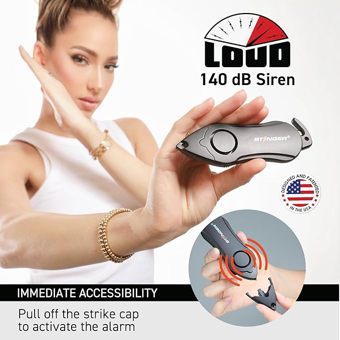 Stinger Personal Alarm Keychain Emergency Tool, Safety Panic Alarm Siren, Seat Belt Cutter, Glass Breaker, Security Device for Women Men Kid, Design in USA (USA Flag)