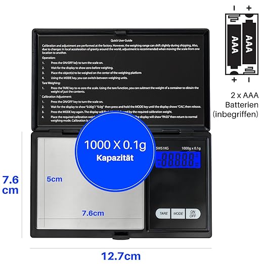 Smart Weigh Digital Pocket Scale – 1000g x 0.1g Precision – Ideal for Jewelry, Food, Herbs, and Medicine – Stainless Steel Platform with Protective Cover – Black (Battery Included)