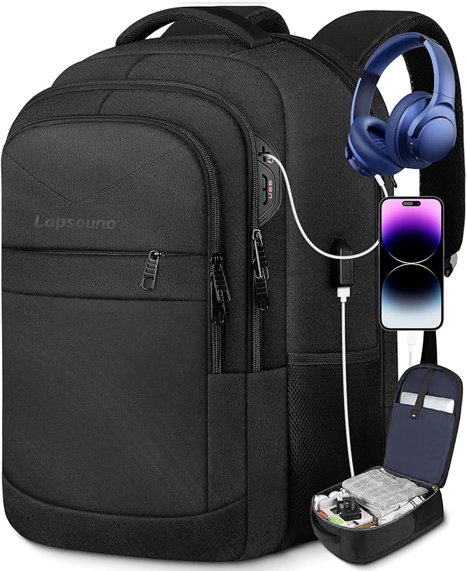 Lapsouno 17 Inch Laptop Backpack, Carry On Travel Backpack, Durable Extra Large TSA Business Backpack with USB Port, Water Resistant Anti Theft Gift for Men Women, Black